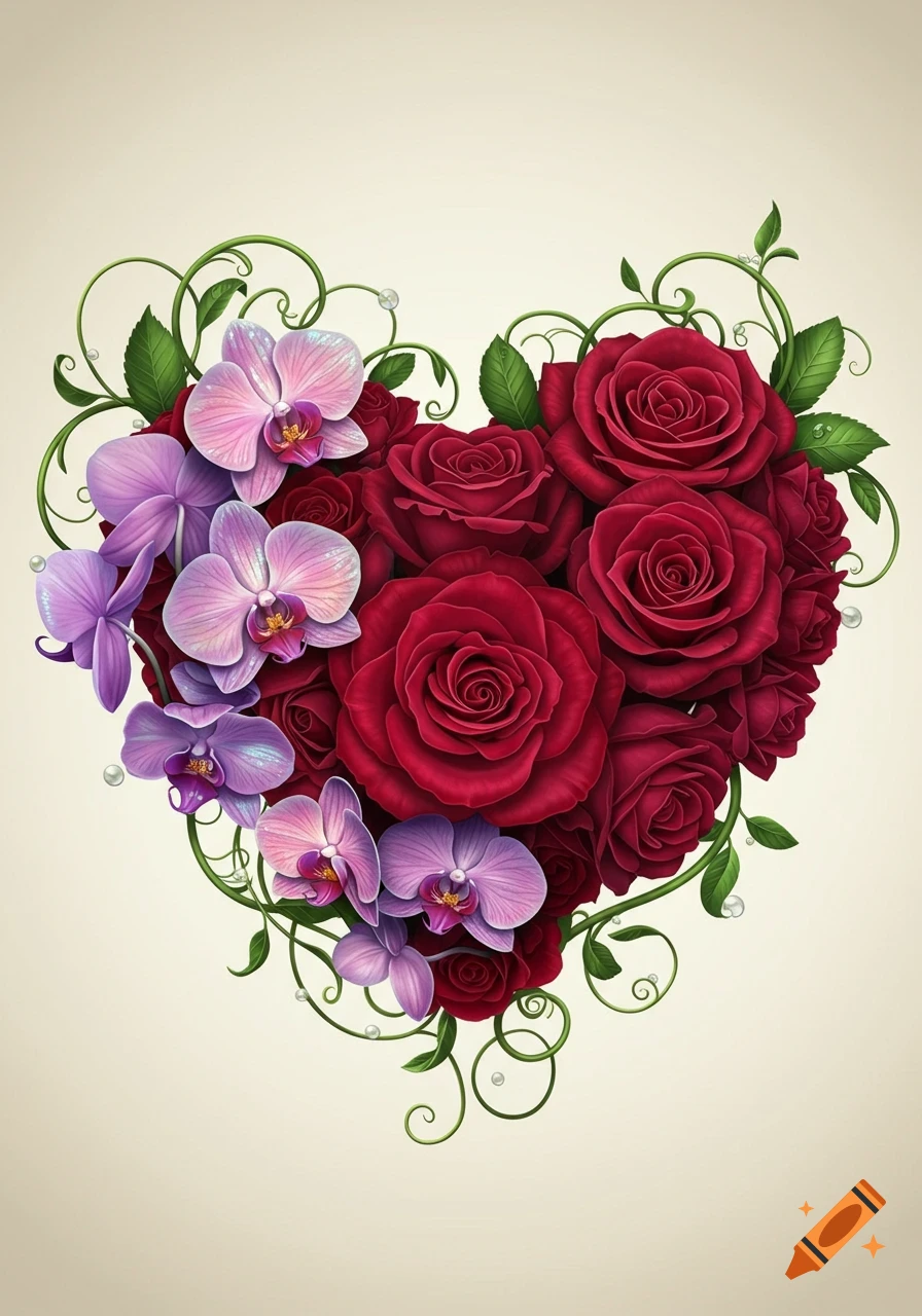 A heart-shaped arrangement of vibrant red roses and purple orchids, accented with green vines and pearls, in an illustrative style.