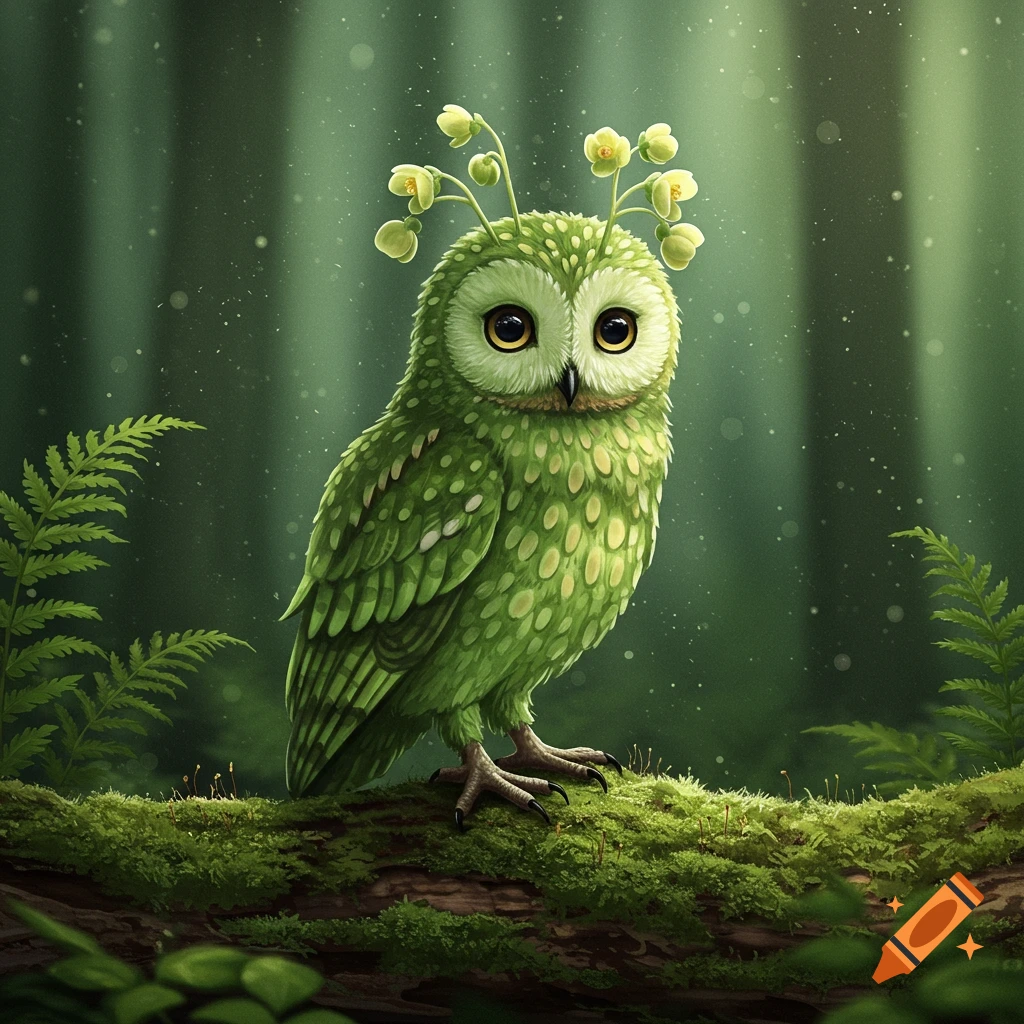 A vibrant green owl with light green spots and yellow flowers on its head sits on a mossy log in a lush forest.