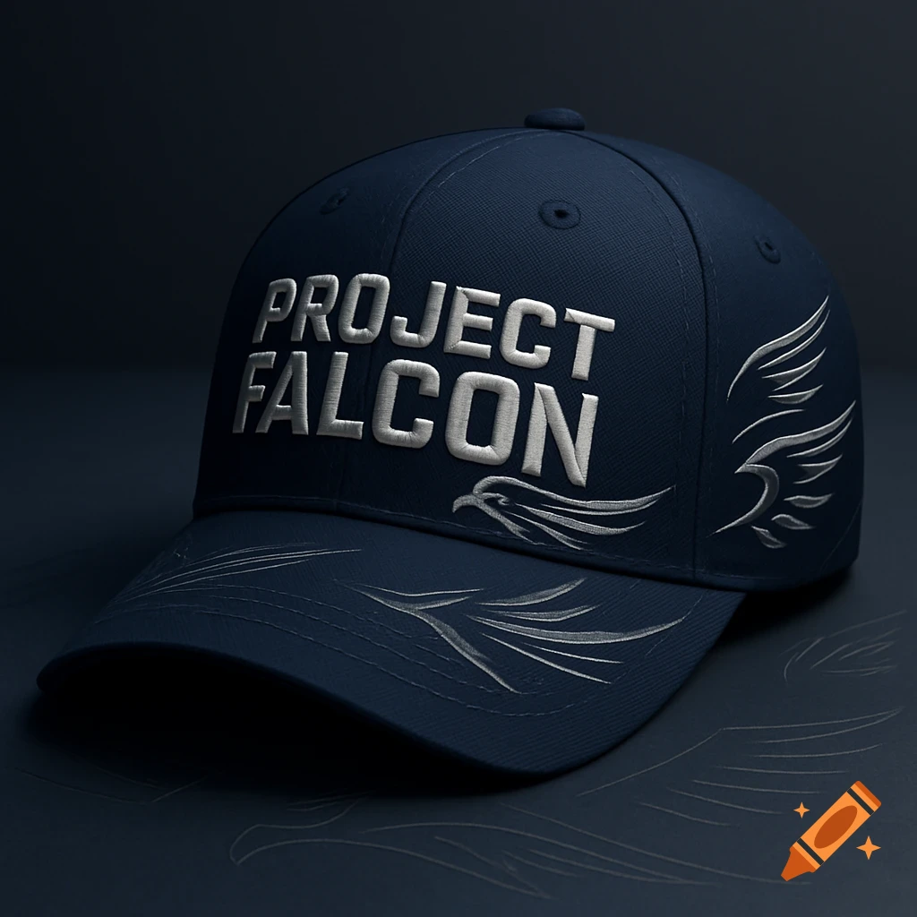 A dark blue baseball cap with 'PROJECT FALCON' and a white stylized falcon embroidered on it.