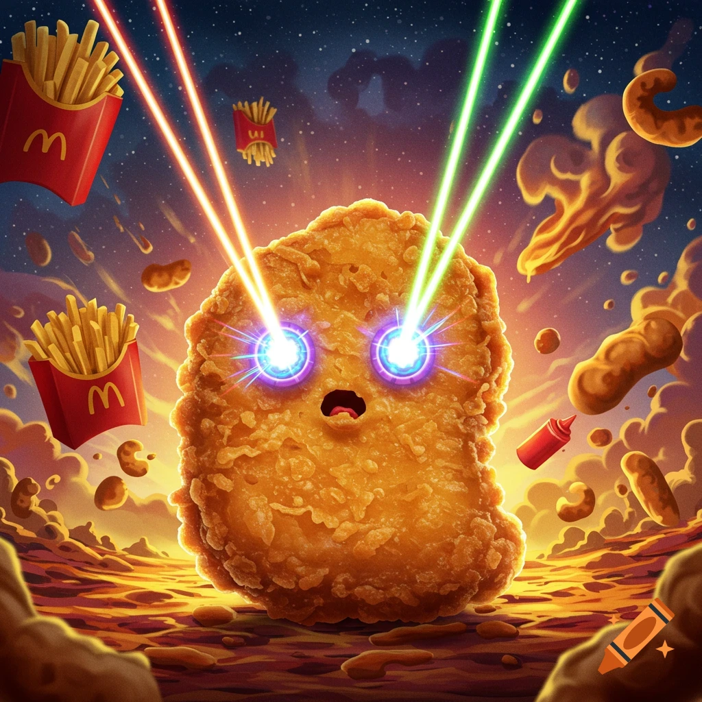 A cartoon chicken nugget with glowing laser eyes floats in a surreal space scene surrounded by fries, ketchup, and other food items.