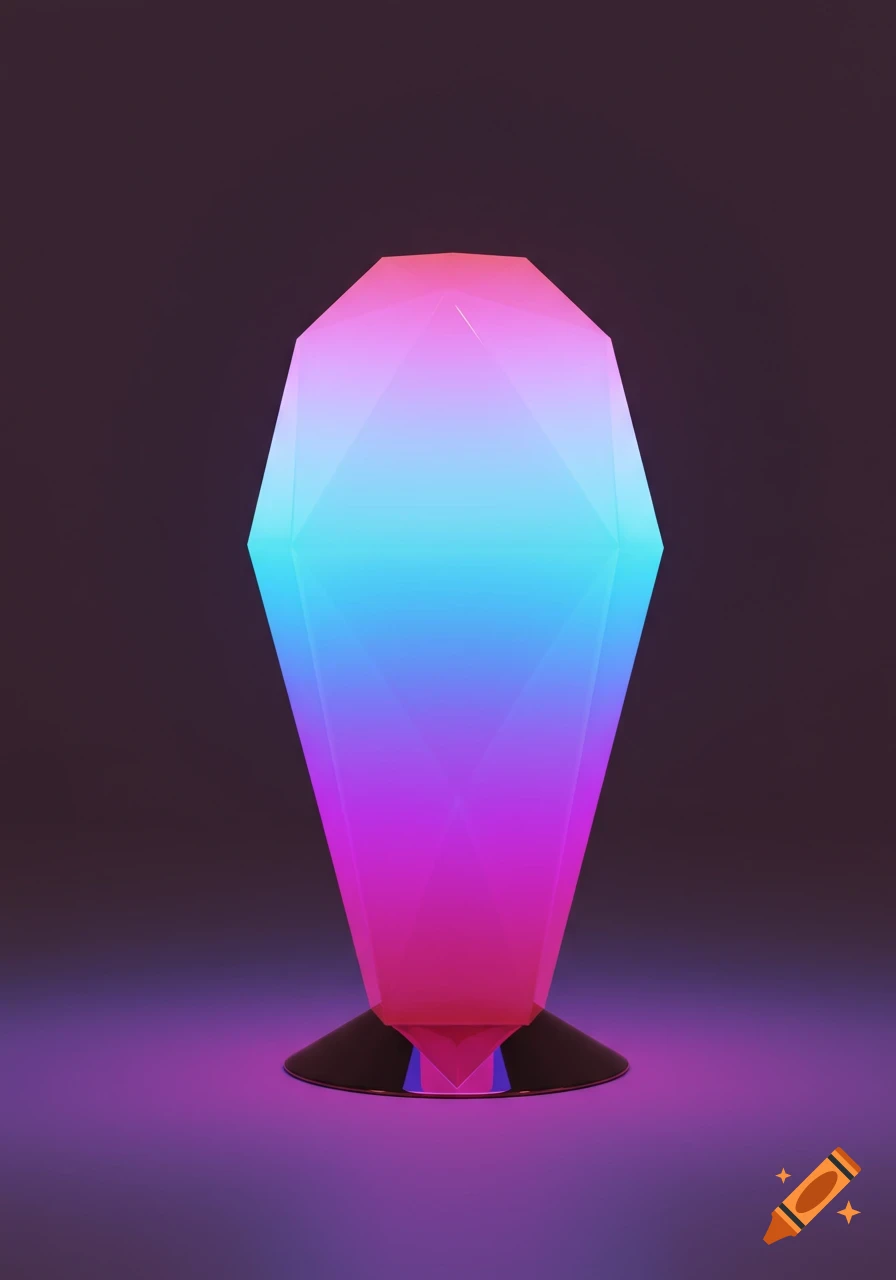 A tall, faceted lamp glowing with a gradient of pink, blue, and purple light, standing on a dark base against a dark background.