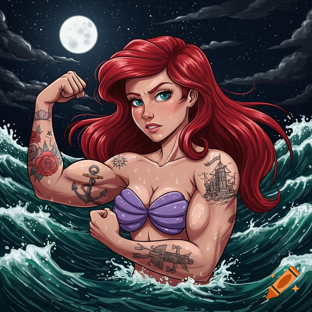 Cartoon Ariel, the Little Mermaid, flexing muscular, tattooed arms in the ocean at night under a full moon.