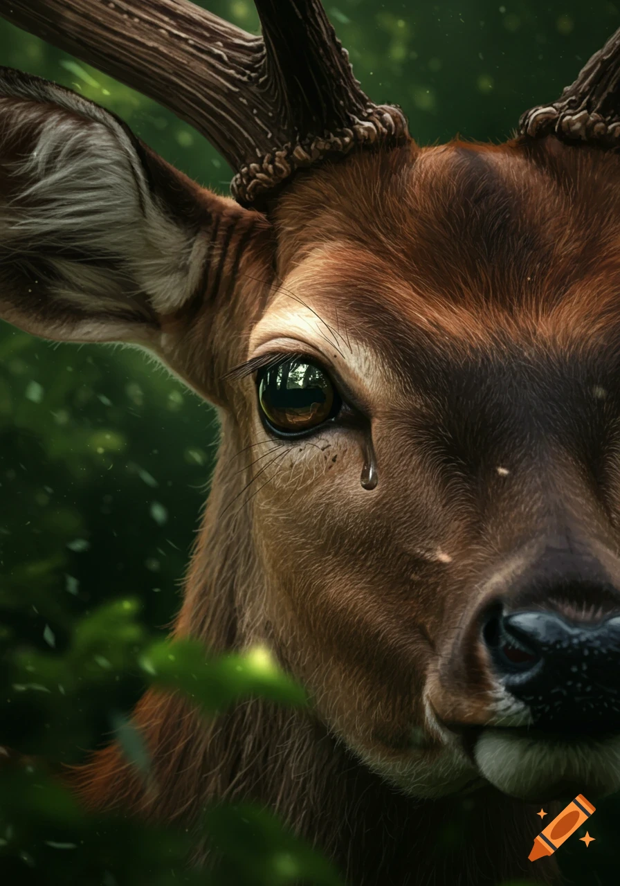 Photorealistic close-up of a deer's face with a tear and a reflection in its eye, in a forest.