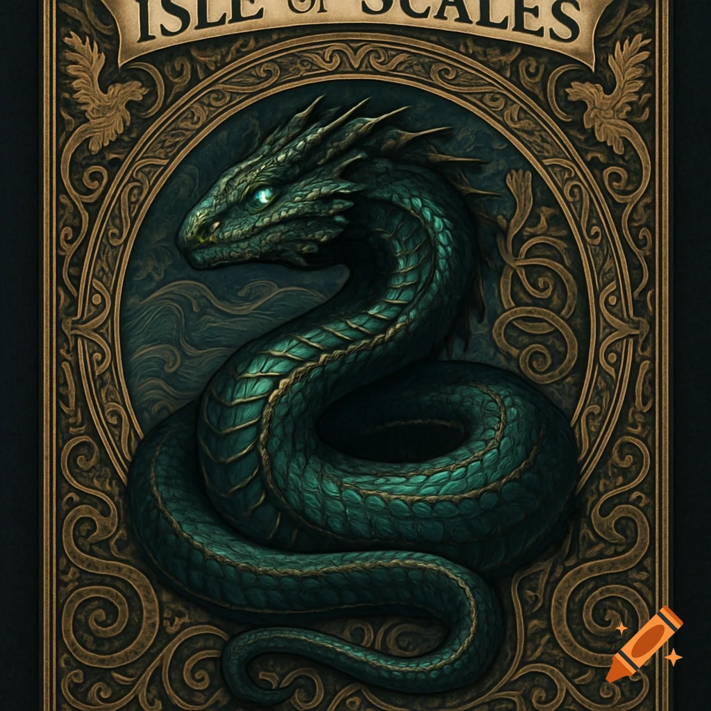 Dark green basilisk dragon coiled within an ornate golden crest with 'ISLE OF SCALES' text, in a fantasy art style.