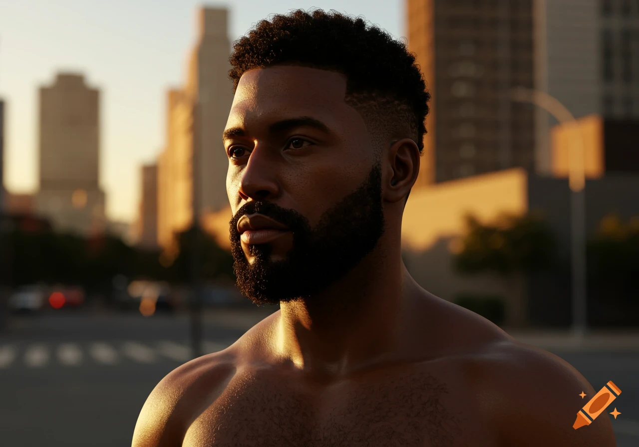 Photorealistic portrait of a man with dark skin, short curly hair, and a beard, looking right, with a blurred city background at sunset.
