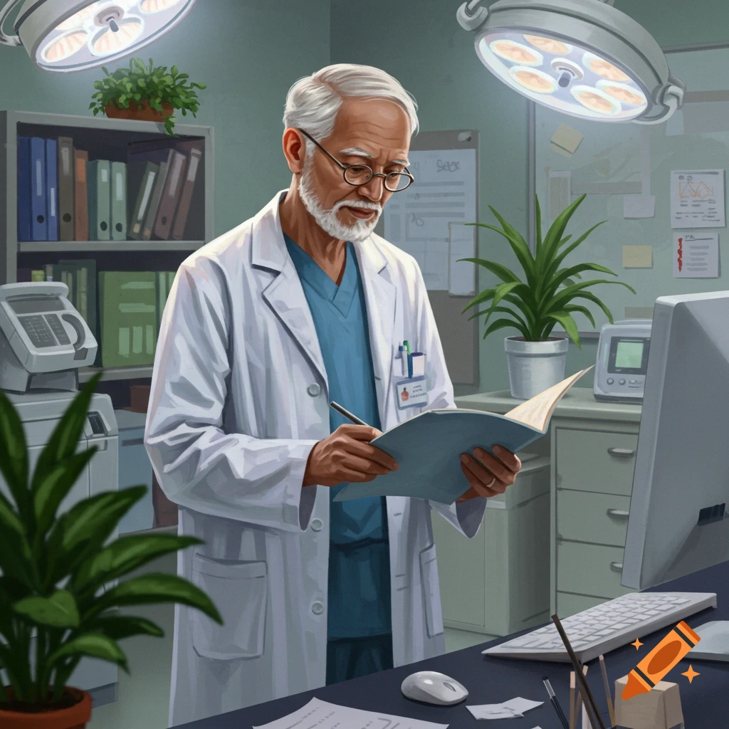 An elderly doctor in a lab coat and glasses writes in a book in an office setting.