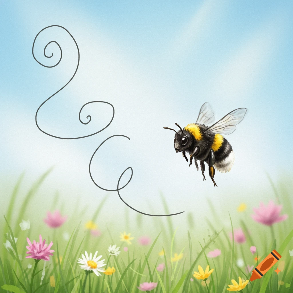 A bumblebee flies through a green meadow with colorful flowers, leaving a black swirly trail behind it under a blue sky.