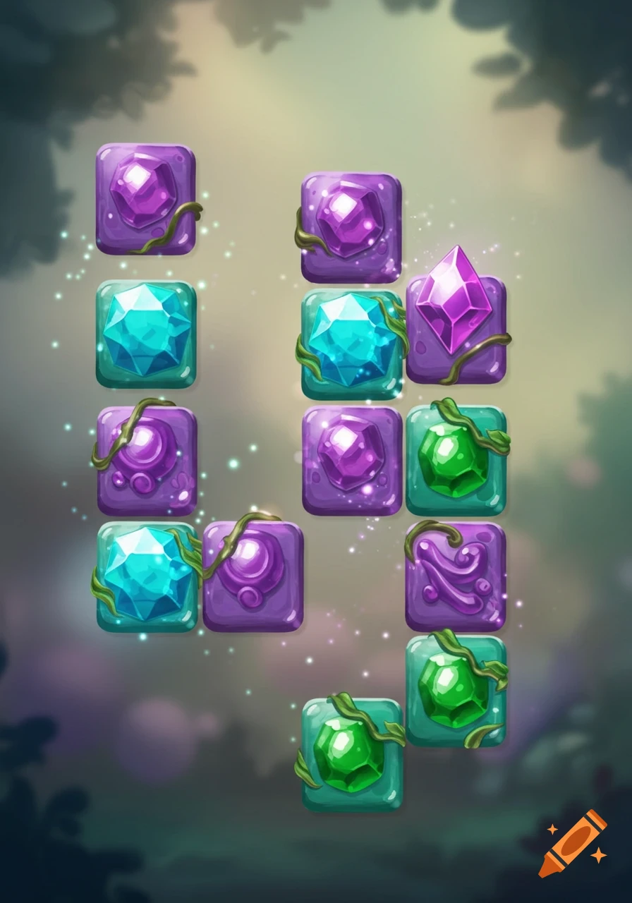 Colorful game tiles with gems and vines, suitable for a match-3 puzzle game, against a blurry forest background.