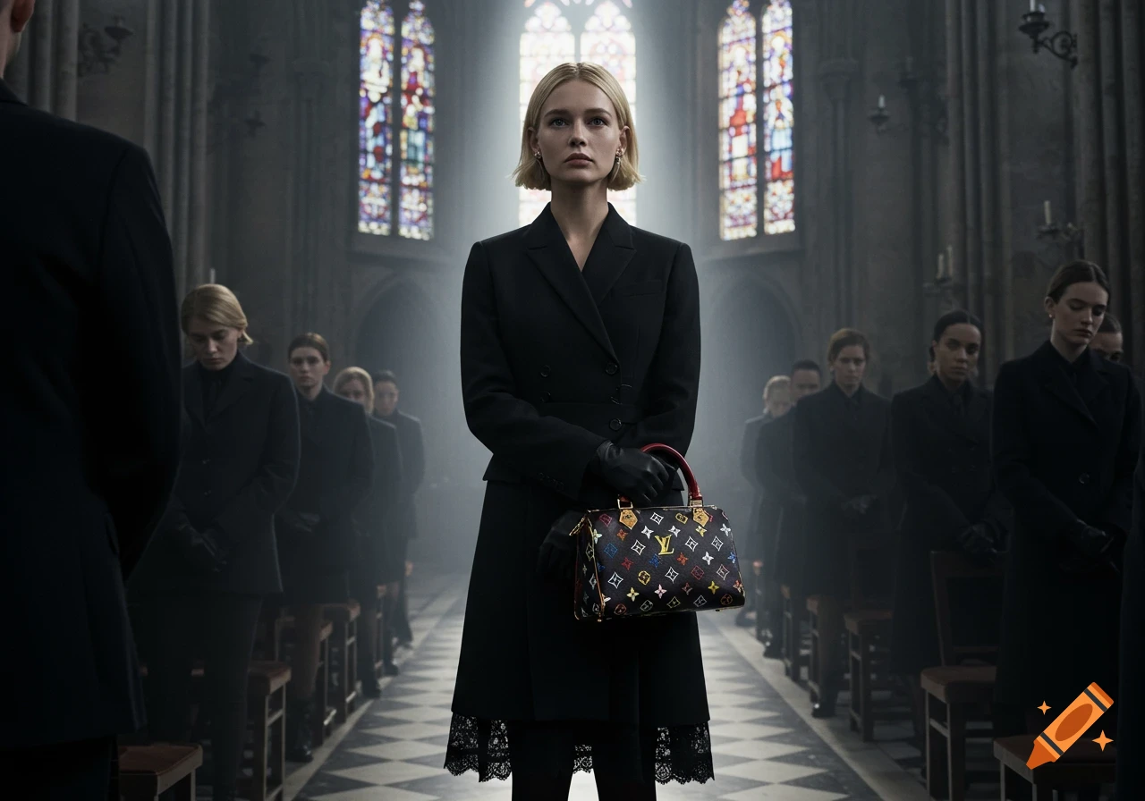 A woman in a black suit holding a colorful Louis Vuitton bag stands in the aisle of a church, surrounded by other people dressed in black.
