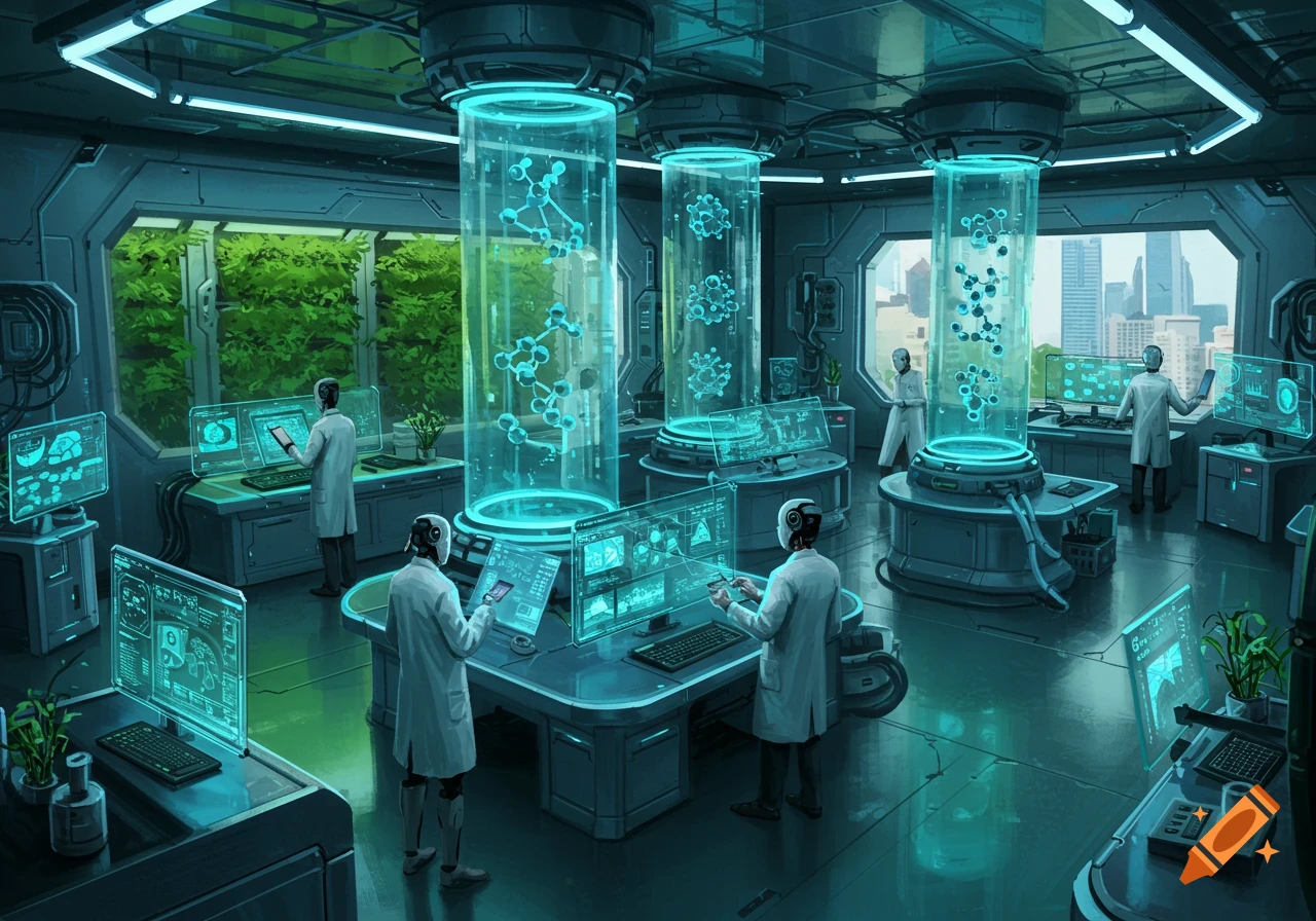 A futuristic innovation laboratory with scientists, glowing molecular structures in tanks, and holographic displays.