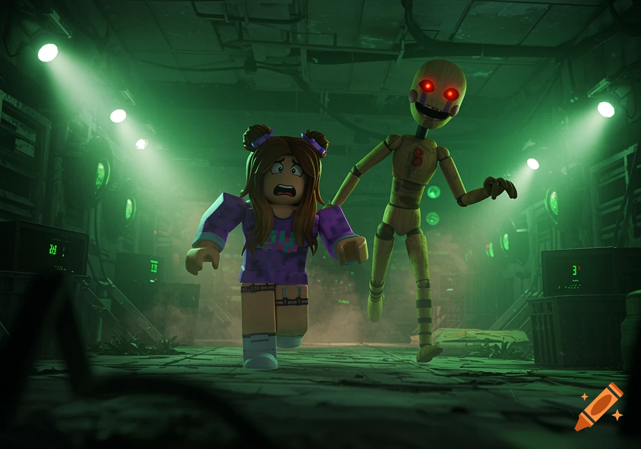 A scared Roblox-style girl runs from a creepy wooden puppet with glowing red eyes in a dark, green-lit sci-fi corridor.