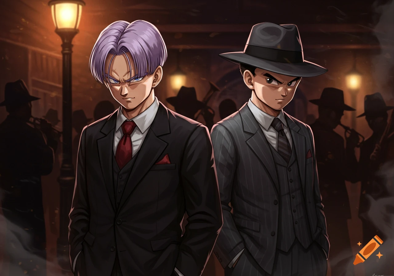 Anime characters Trunks and Goten in suits standing in a dimly lit street, in a gangster theme.