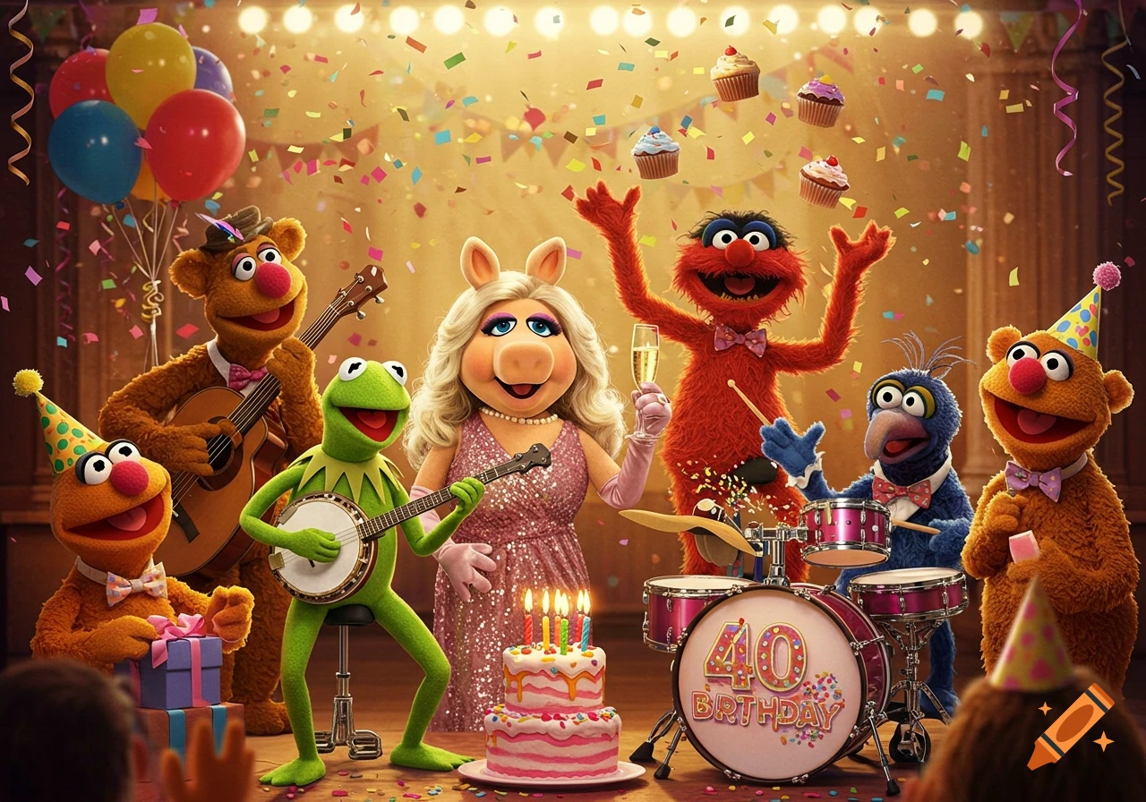 The Muppets, including Kermit, Miss Piggy, and Animal, celebrate a 40th birthday on stage amidst confetti, balloons, and cake, playing music.