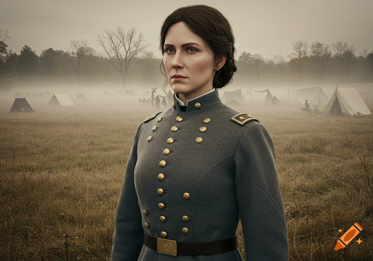Photorealistic portrait of a woman in a Civil War Confederate general's uniform standing in a misty field with tents.