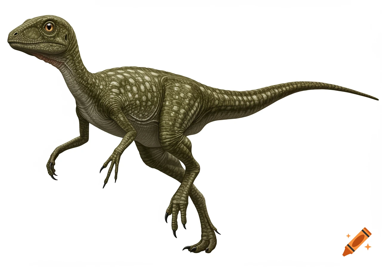 A green Lesothosaurus dinosaur with patterned skin and sharp claws stands against a white background.