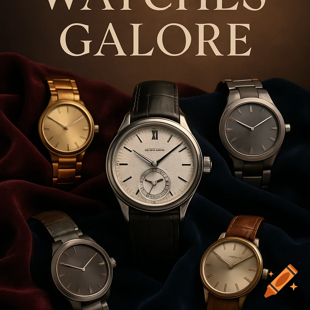 Photorealistic image of multiple luxury watches on dark velvet fabric, with "WATCHES GALORE" text at the top.