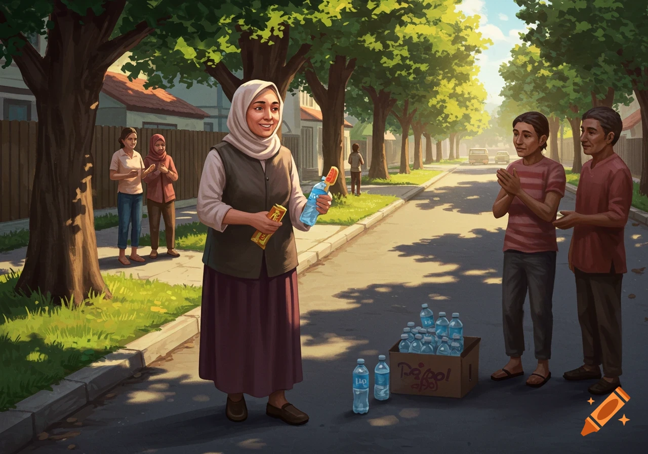 A woman in a hijab offers fruit bars and water bottles to people on a sunny neighborhood street, depicting a heartwarming scene.