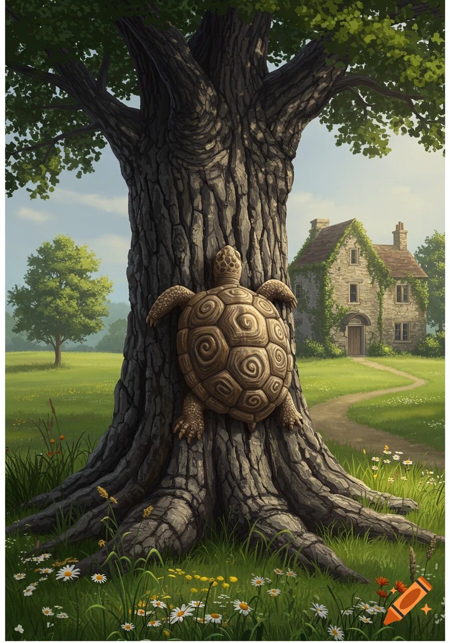 A turtle is embossed on the trunk of a large tree in a grassy field with a stone house in the background.
