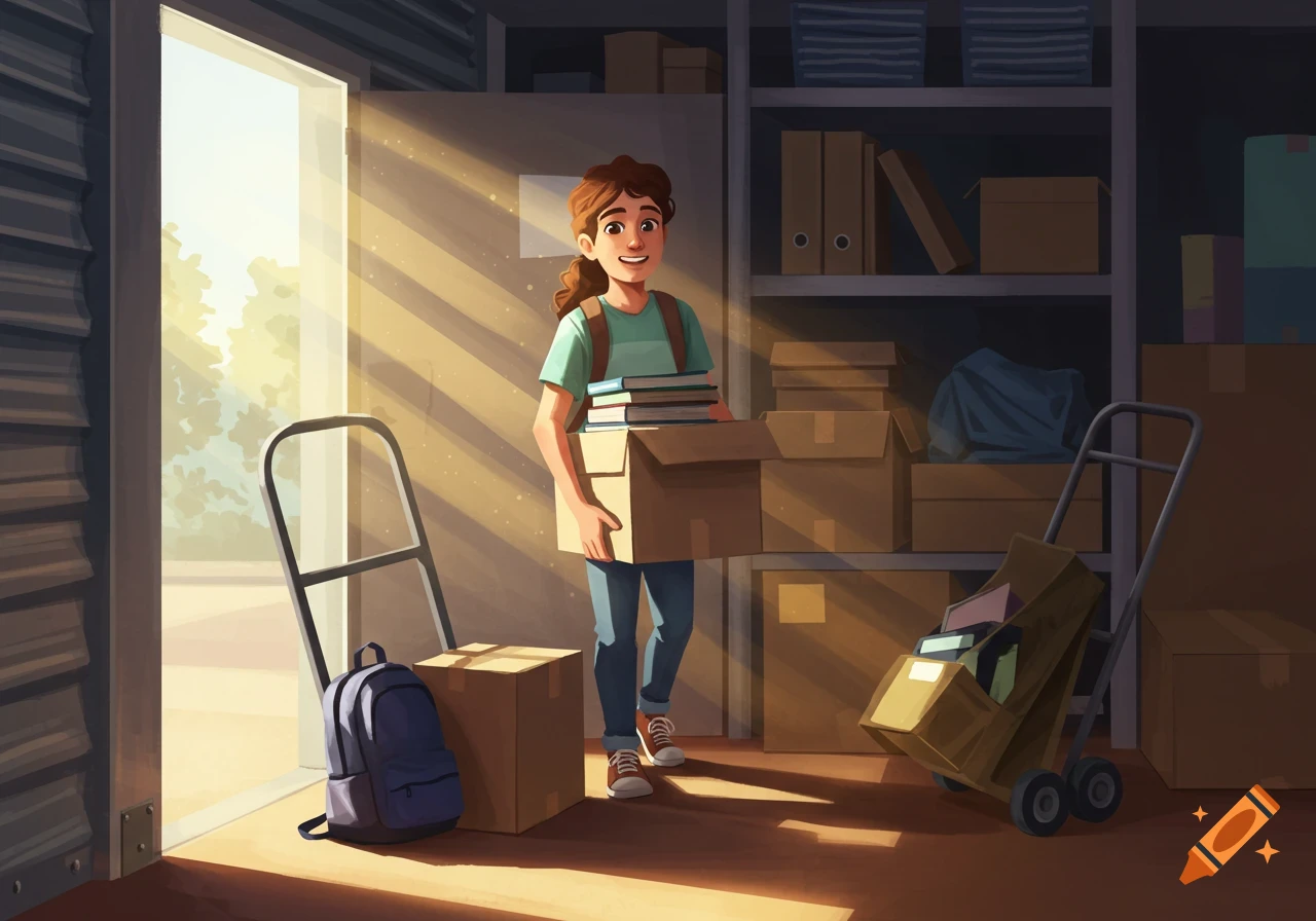 A smiling college student carries a box of books in a sunlit self-storage unit with boxes, shelves, a backpack, and a dolly. Stylized illustration.