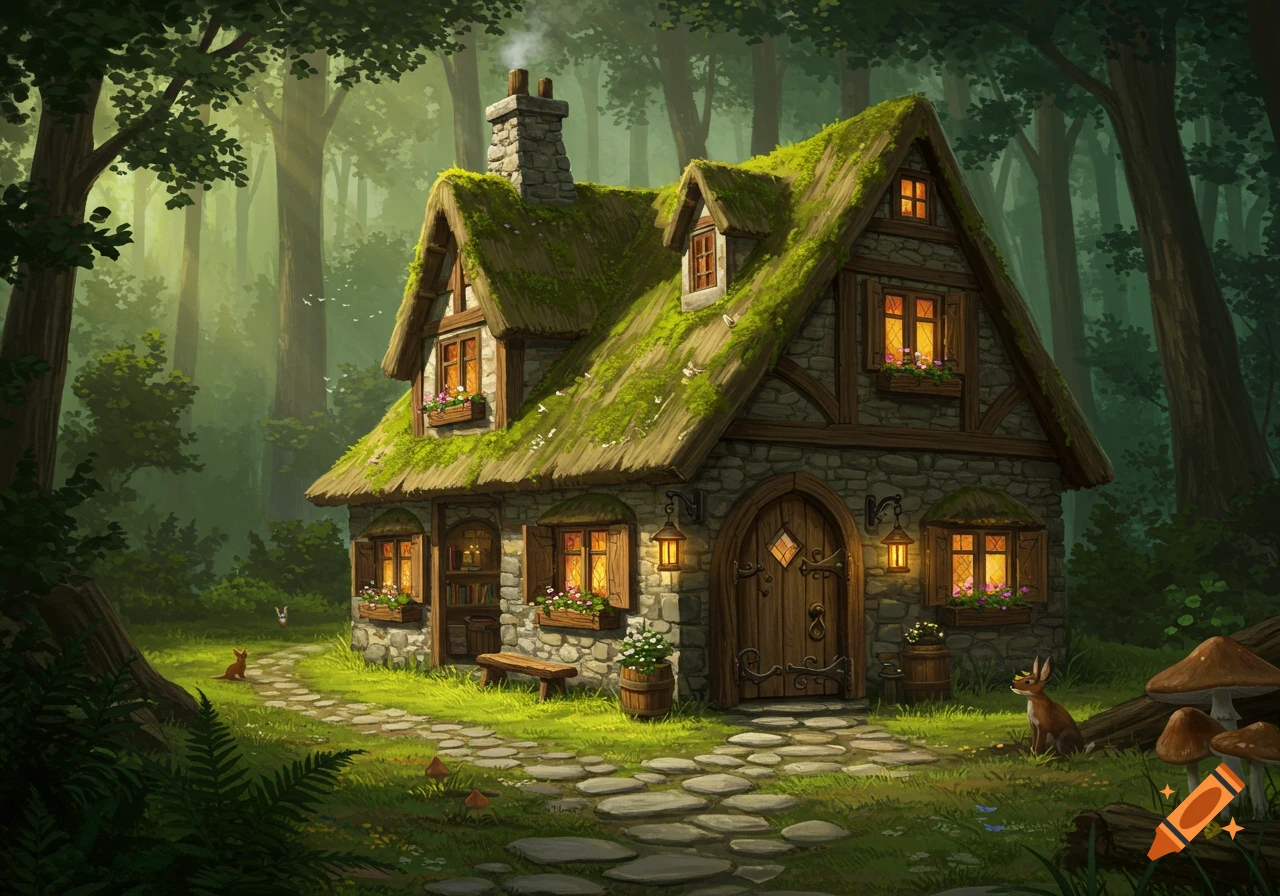 A whimsical, moss-covered stone cottage with glowing windows in a lush green forest, with a stone path leading to the door.