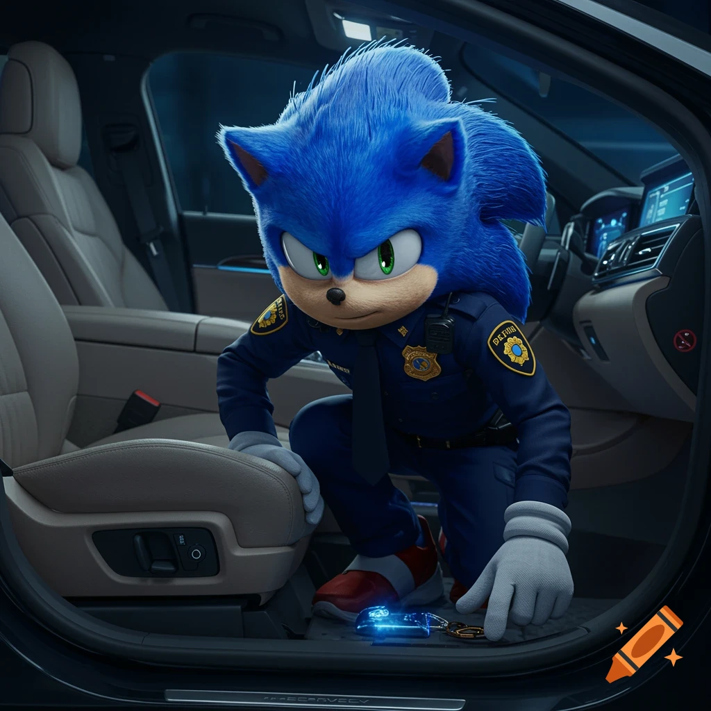 Photorealistic Sonic the Hedgehog in a police uniform crouches in a car's footwell, finding a glowing blue car key.
