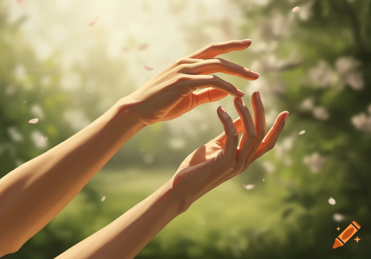Two hands reaching amidst falling petals in a sunlit, soft-focus garden.