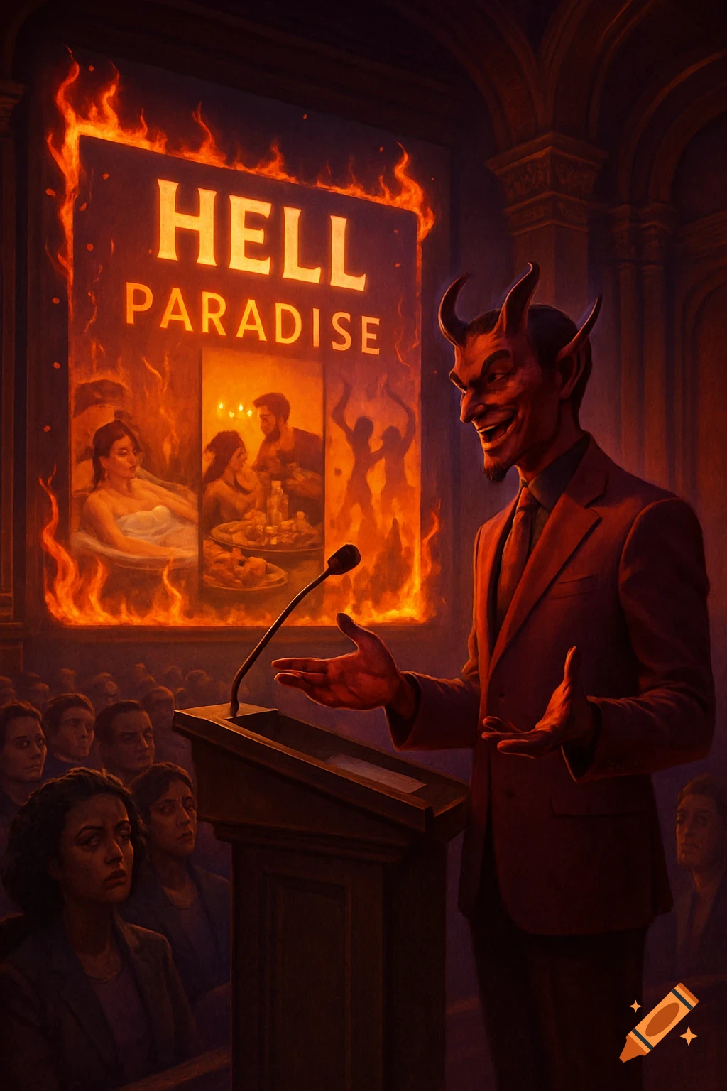 A red devil in a suit presents 'HELL PARADISE' on a fiery screen to an audience in a dark, atmospheric hall.