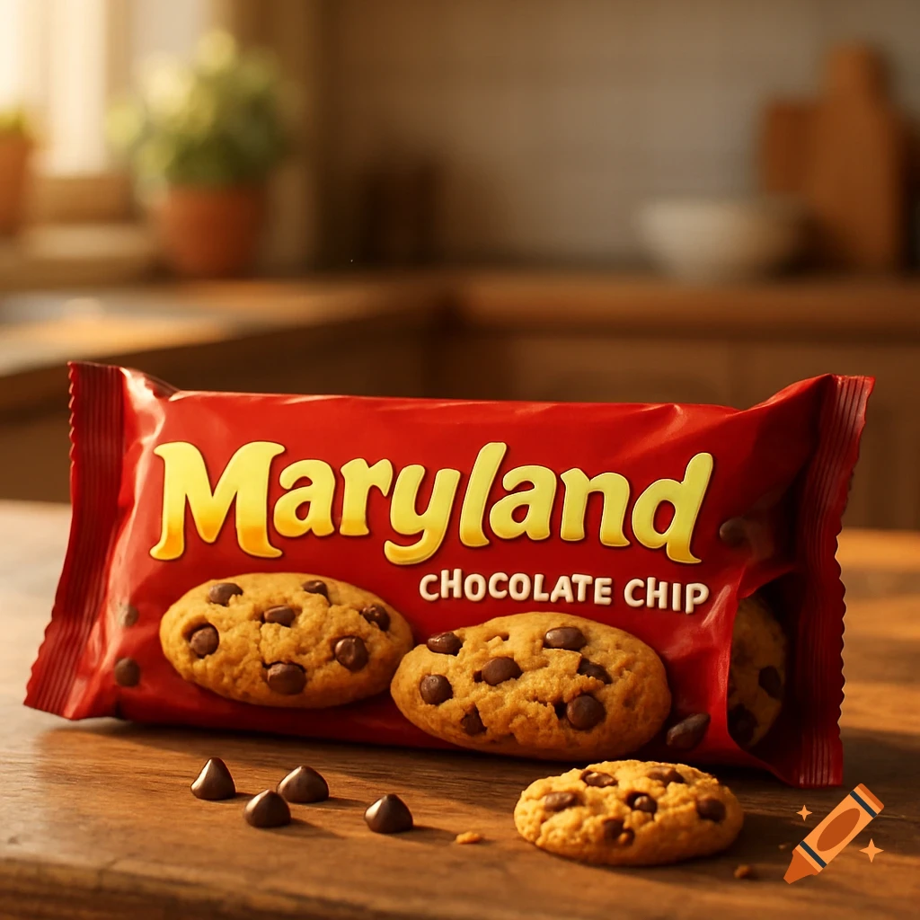 A red packet of Maryland chocolate chip cookies on a wooden table with loose cookies and chocolate chips.