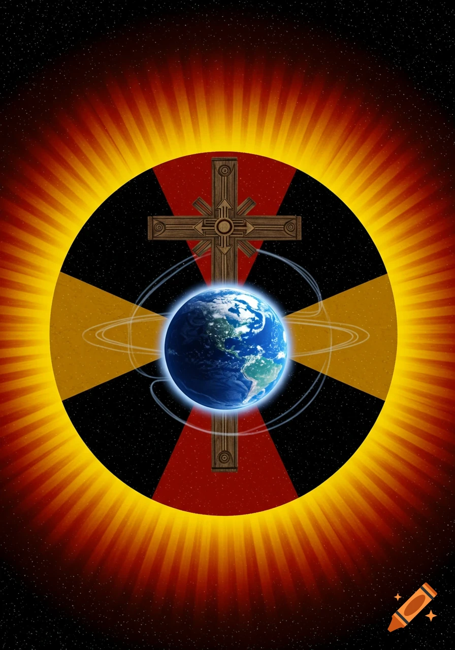 Planet Earth and a wooden cross at the center of a radiating sunburst against a starry space background.