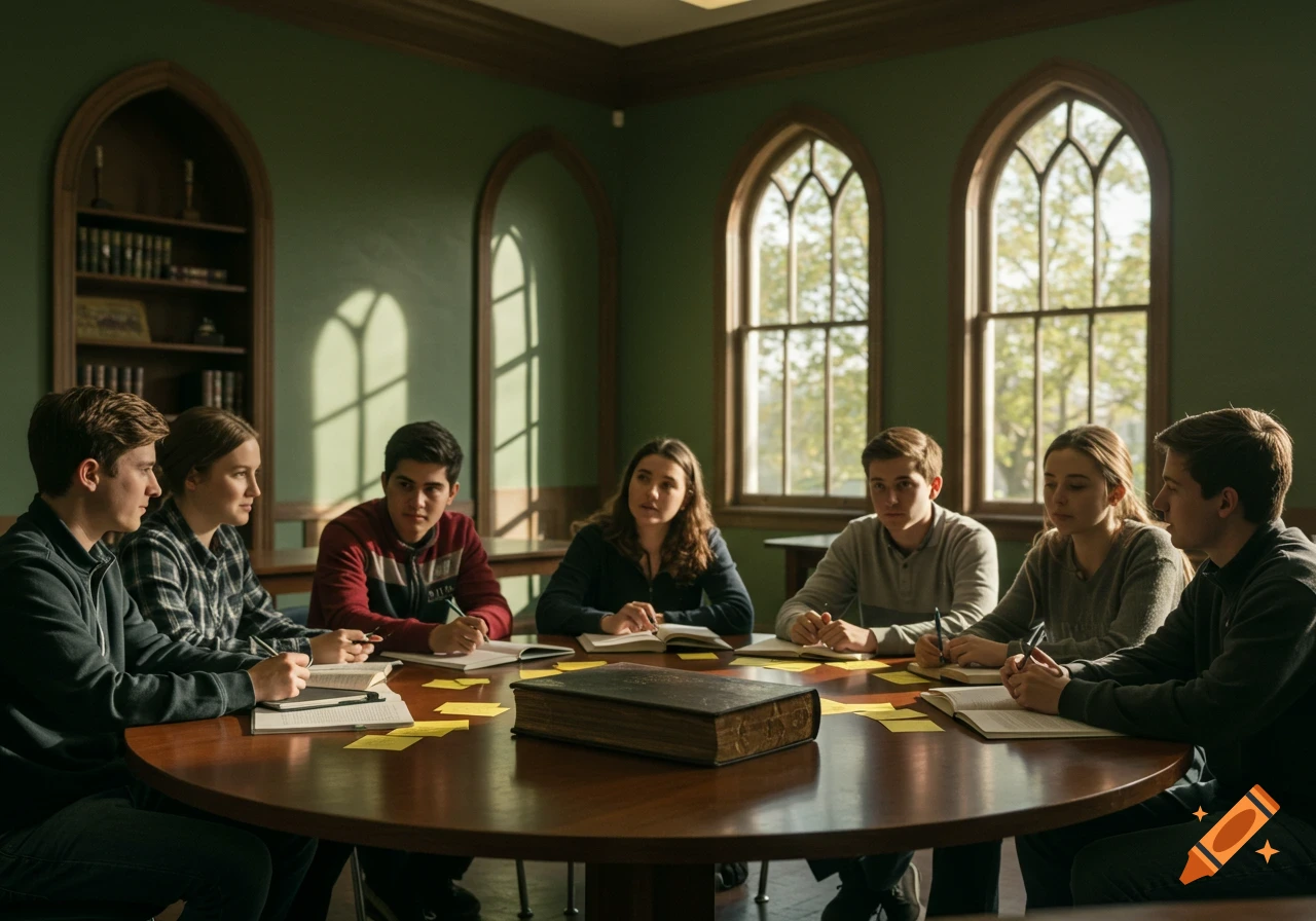 High school students sit around a round wooden table in a green room with tall arched windows, participating in a seminar.