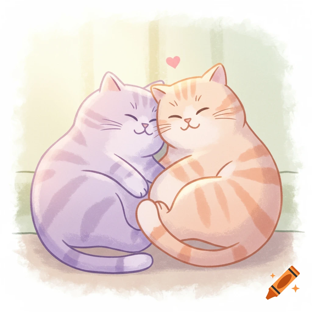 Two plump cartoon cats, one purple and one orange, embracing with happy faces and a small pink heart above them.