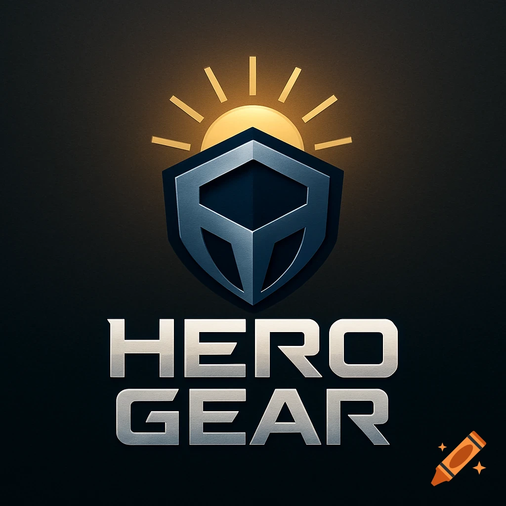 A metallic shield logo with a golden sunburst and the words HERO GEAR in silver font on a dark background.
