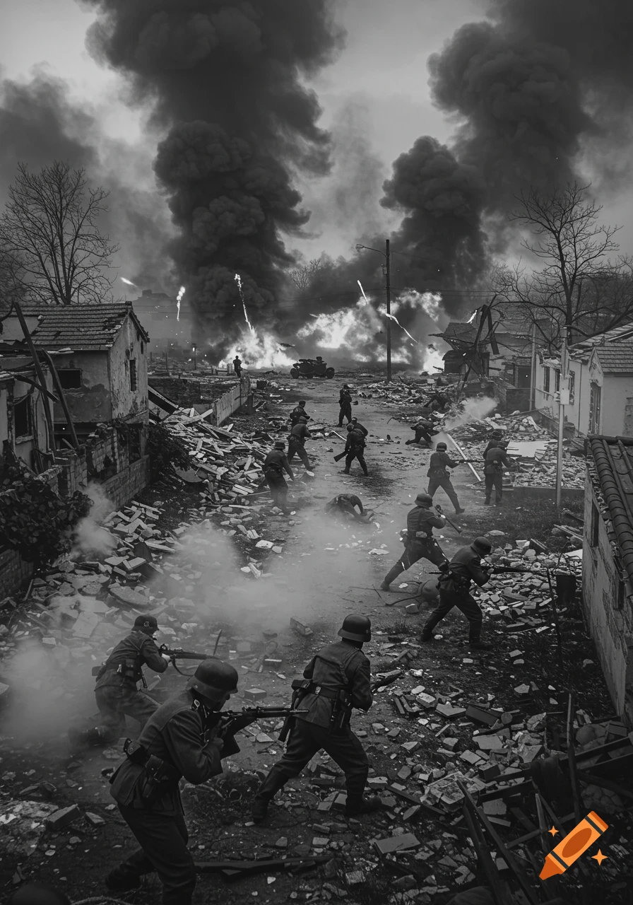 Black and white photo of soldiers fighting in a destroyed city during an intense battle with explosions and smoke.