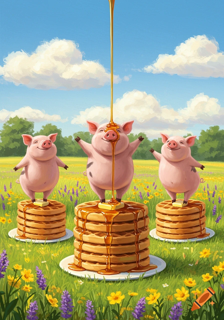 Three happy cartoon pigs stand on stacks of waffles with butter in a sunny field, with syrup pouring on the central pig and waffles.