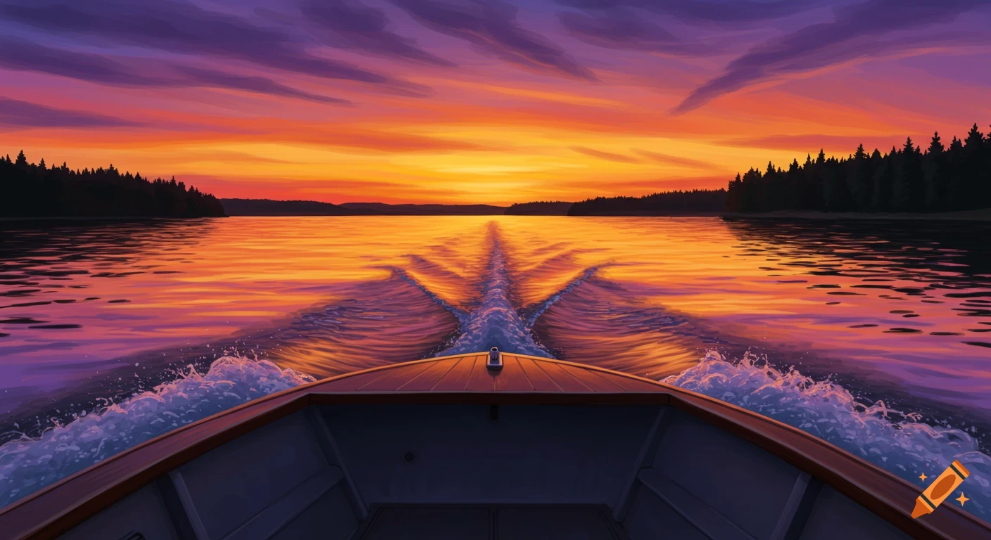 View from a boat on a lake at sunset, showing a trail of wake on the water under a vibrant orange and purple sky.