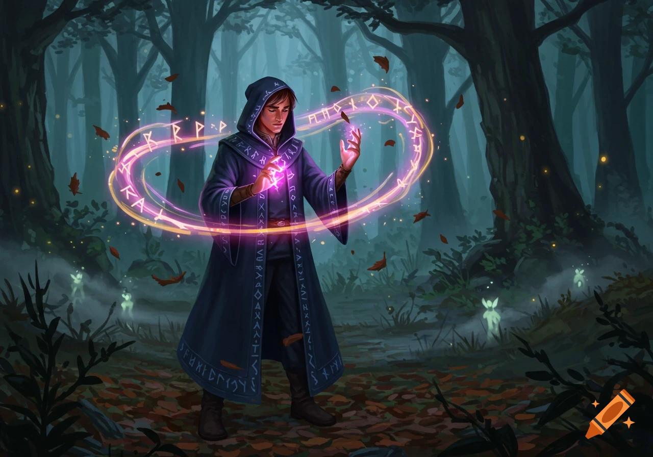 A sorcerer casts a glowing rune-filled spell in a dark, magical forest with small sprites.