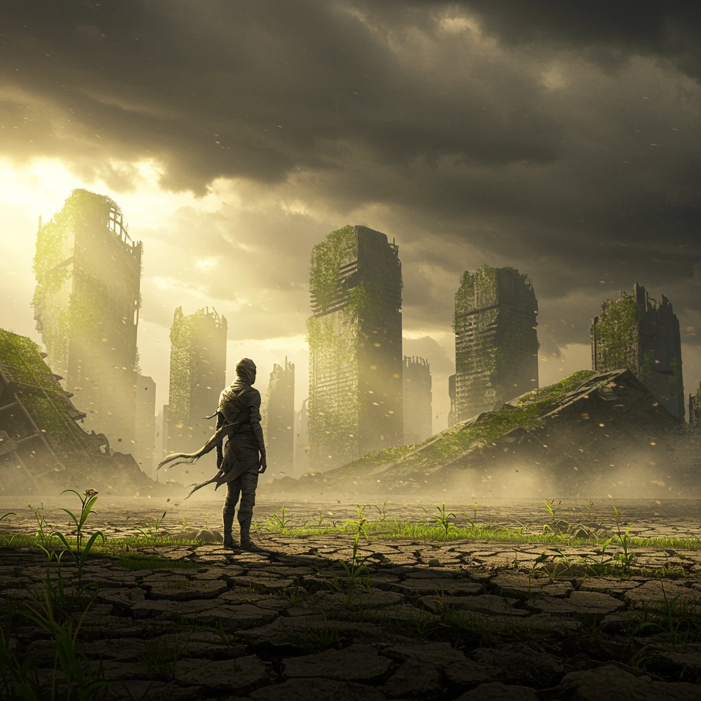 A lone figure stands on cracked earth amidst a ruined, overgrown city under a dramatic, cloudy sky, post-apocalyptic.
