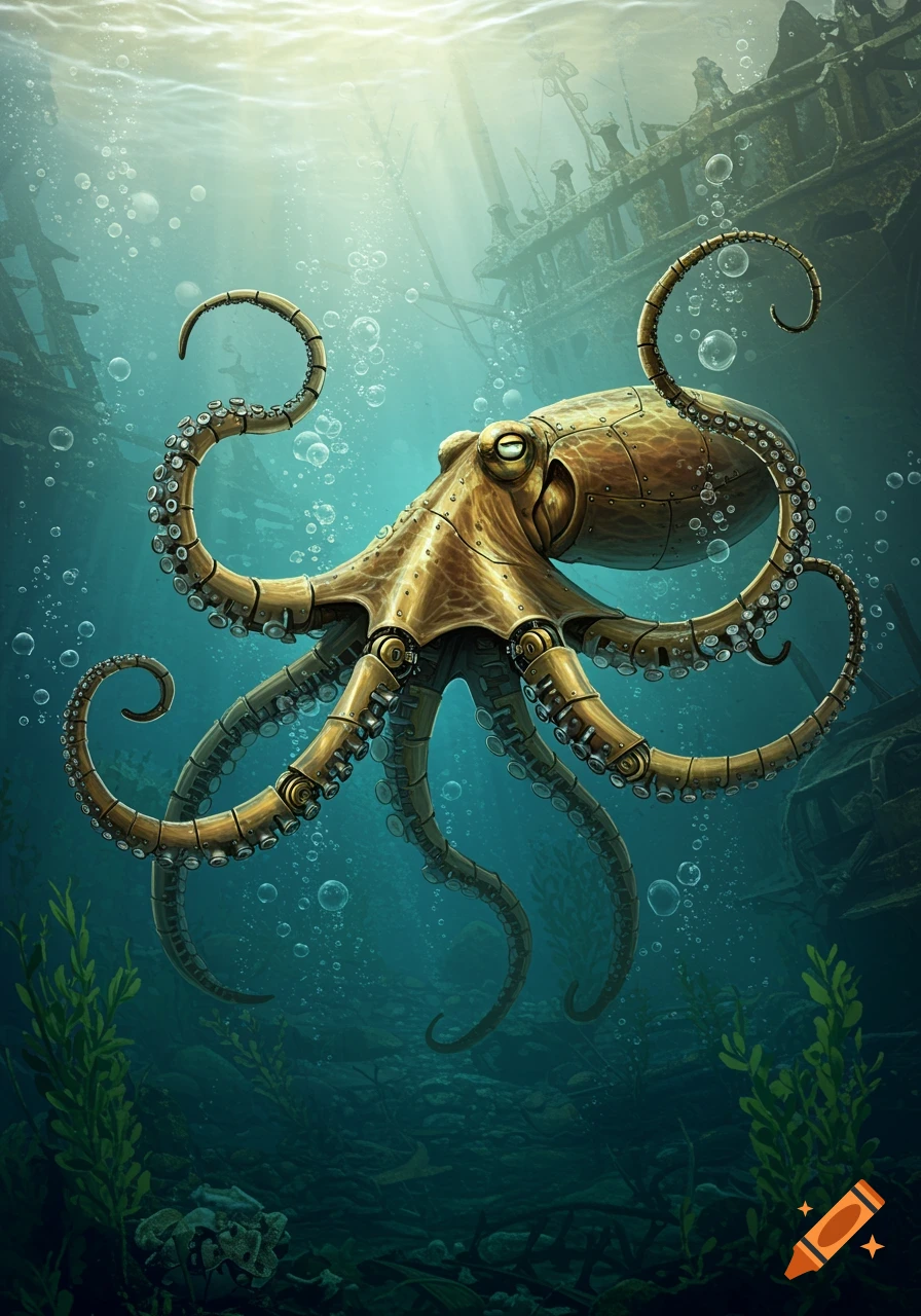 A detailed steampunk clockwork octopus with mechanical tentacles swims gracefully in clear blue ocean water, with sunlit shipwrecks in the background.