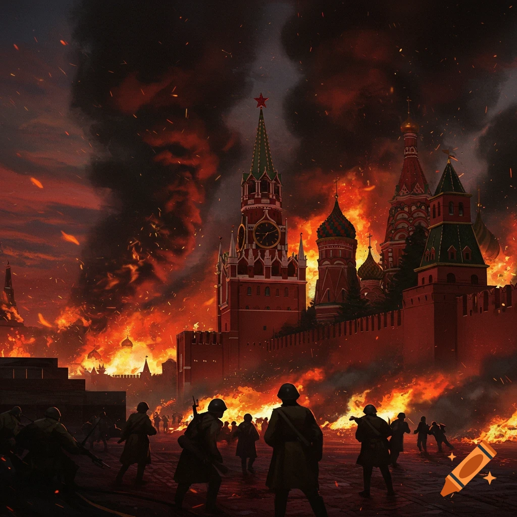 Dramatic illustration of the Kremlin engulfed in fire and smoke, with silhouetted soldiers in the foreground during a wartime scene.