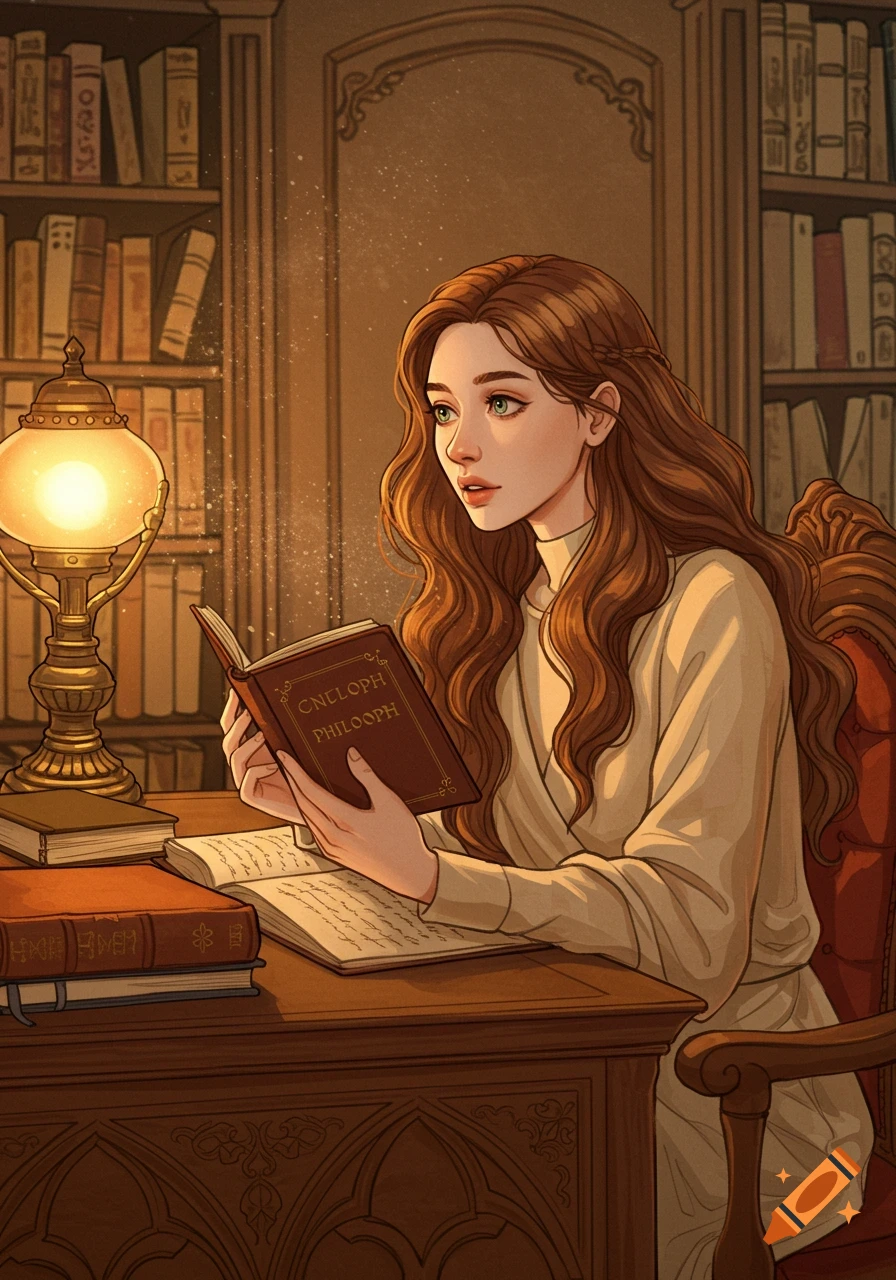 An illustrated woman with long brown hair reads a book at a desk in a warm, dimly lit library, with an ornate lamp beside her.