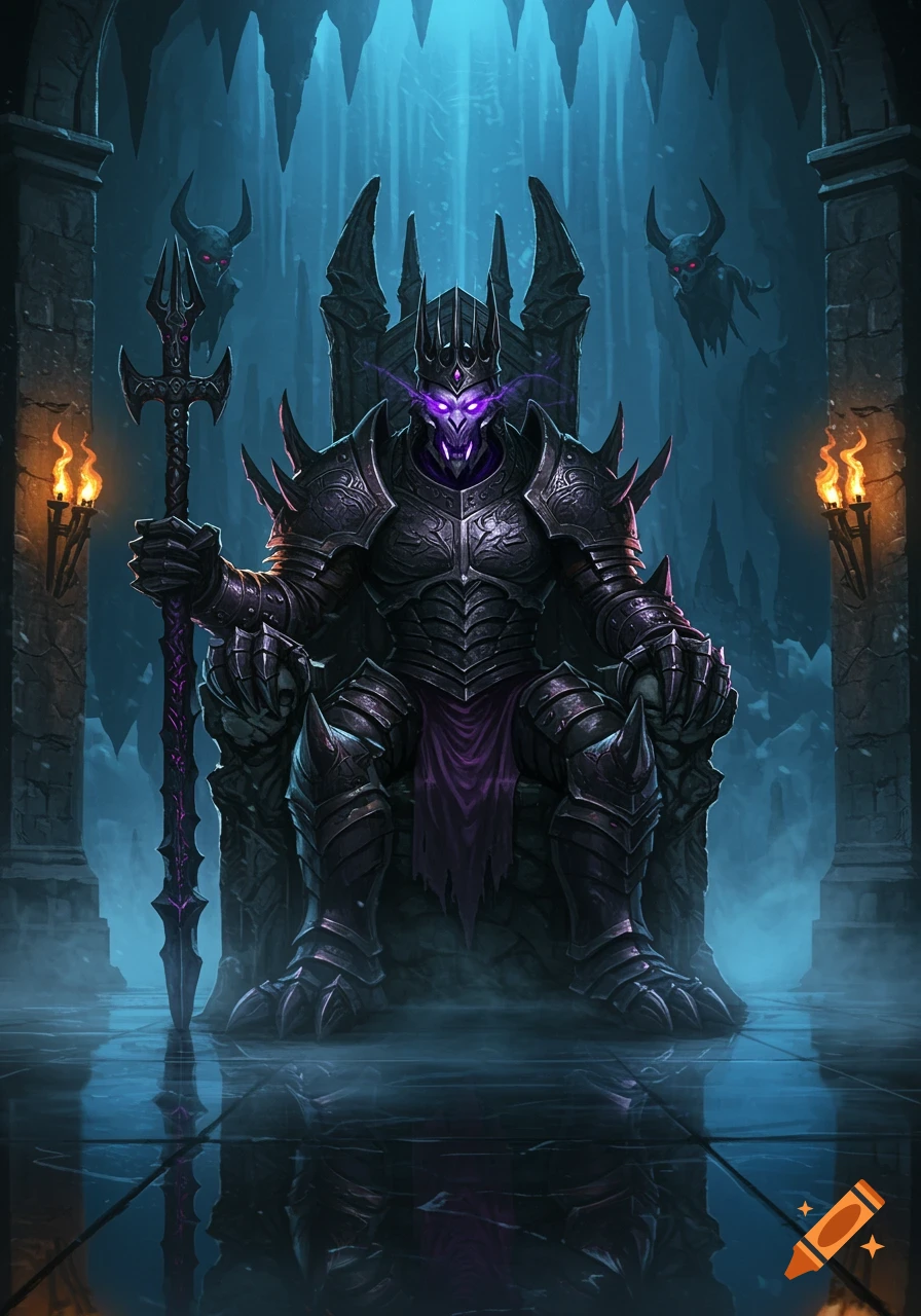 A formidable monster king in dark, spiky armor sits on a throne, holding a spear, in a shadowy, ice-filled cavern.