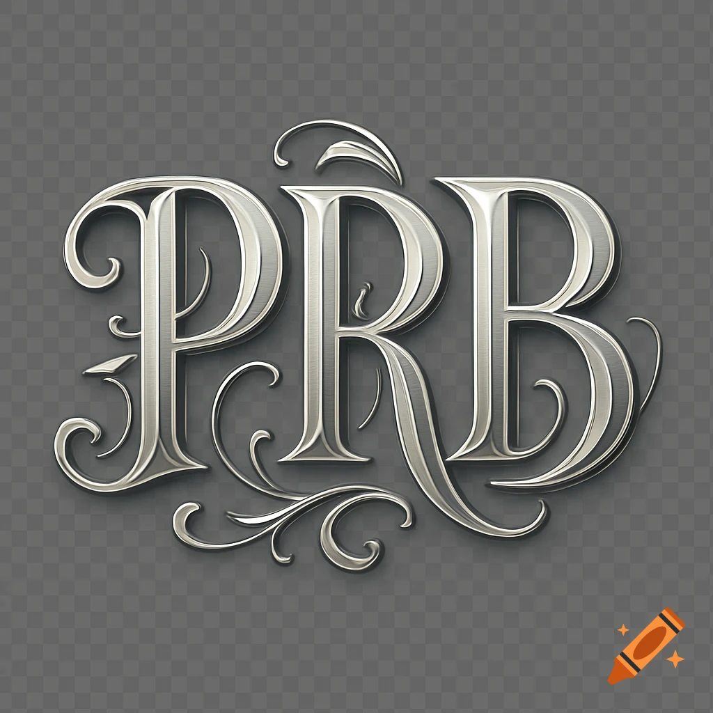 Decorative silver letters 'PRB' in a fancy, ornate font with filigree details on a transparent background.