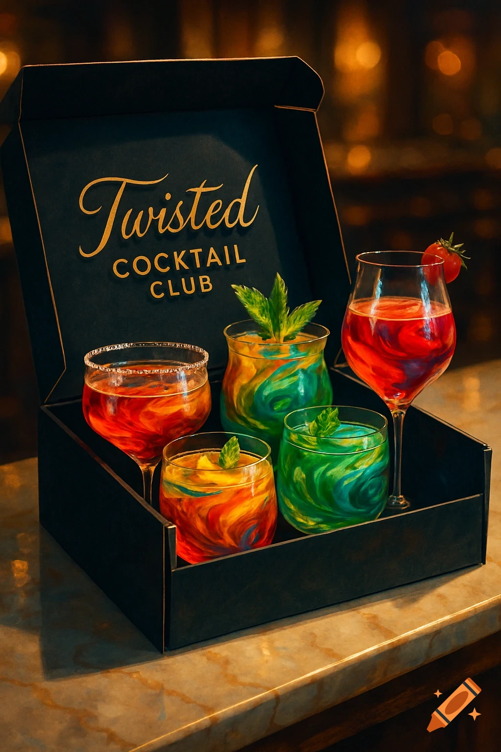 A black box filled with five colorful, swirling cocktails in various glasses, some garnished, with 'Twisted Cocktail Club' on the lid.