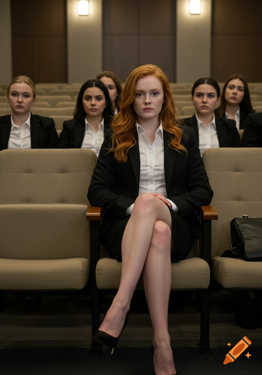 A young redhead woman in a black suit sits with crossed legs in an auditorium, with other women in suits behind her. Photorealistic.