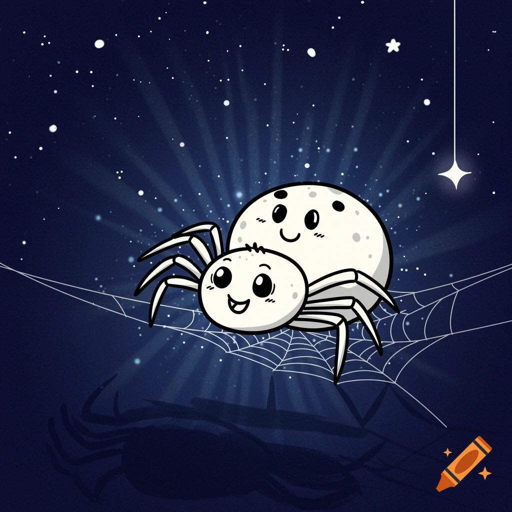 Two happy cartoon spiders on a web against a dark blue starry night sky with radiant light.