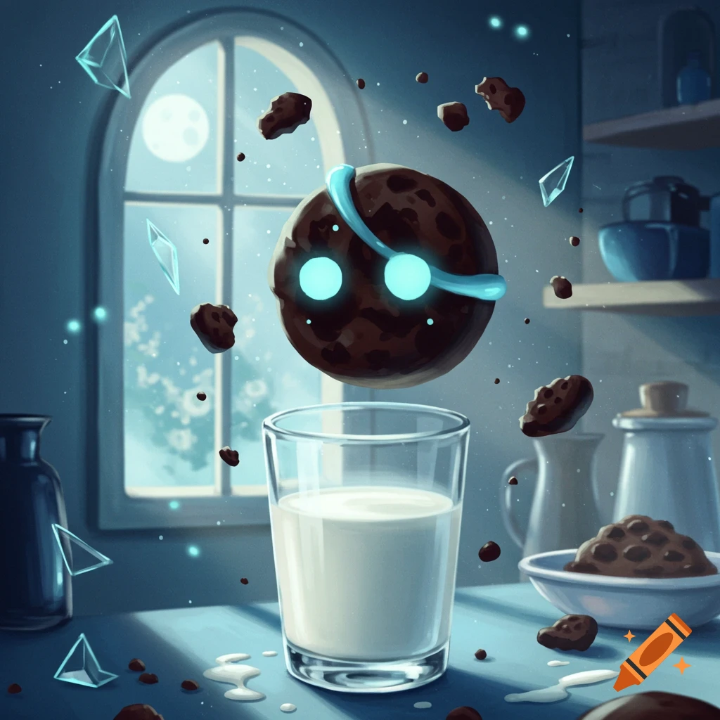 A magical chocolate chip cookie with glowing blue eyes floats above a glass of milk in a dark kitchen, surrounded by crumbs and ice shards.