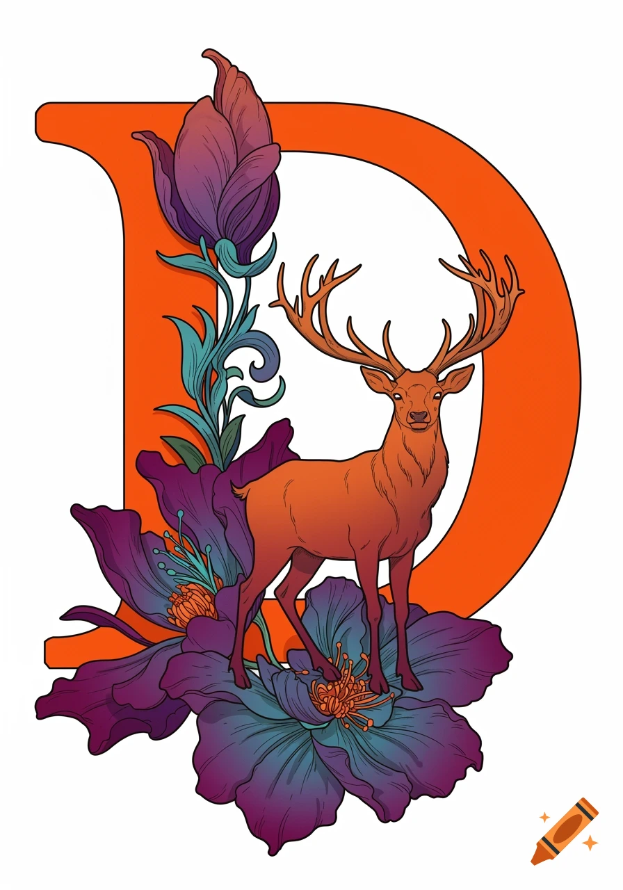 A stylized orange letter D, adorned with a brown stag, purple and blue flowers, and green foliage, on a white background.