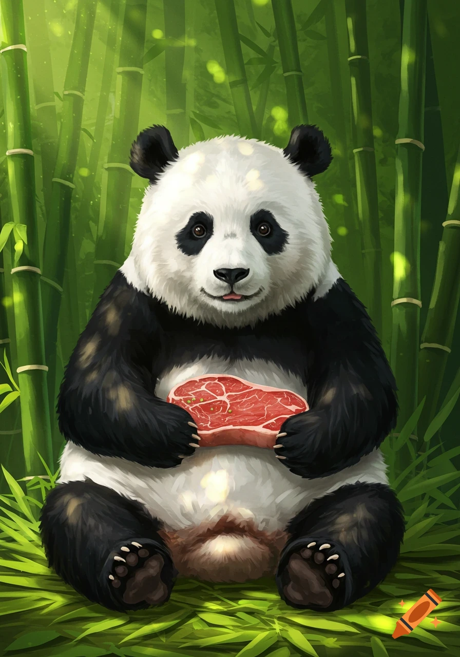 A smiling panda sits in a bamboo forest, holding a raw red steak.
