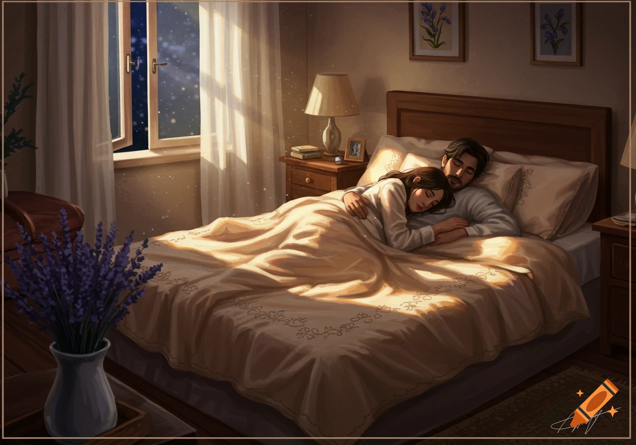 An illustration of a man and a woman cuddling and sleeping peacefully in a cozy bedroom with light filtering through the window.