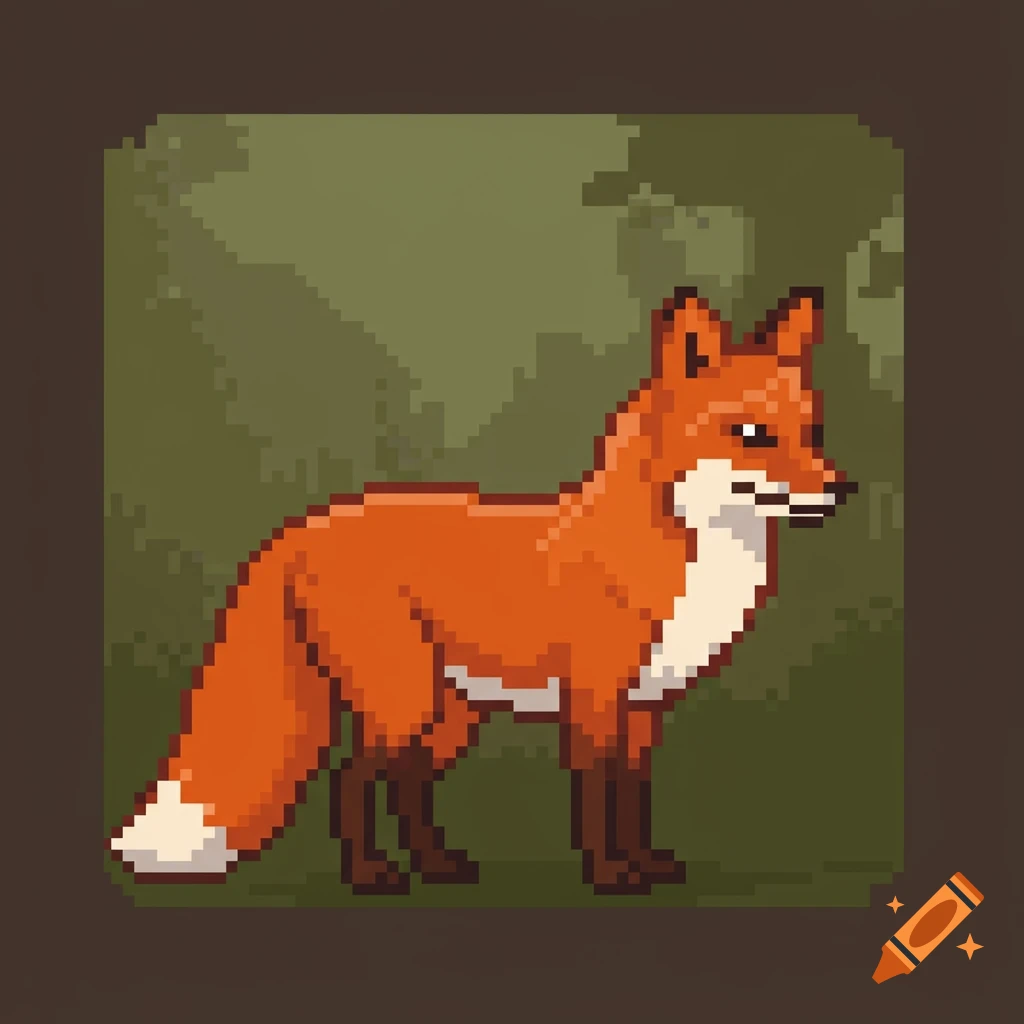 A red pixel art fox with a white belly and tail tip, standing in a pixelated green forest.